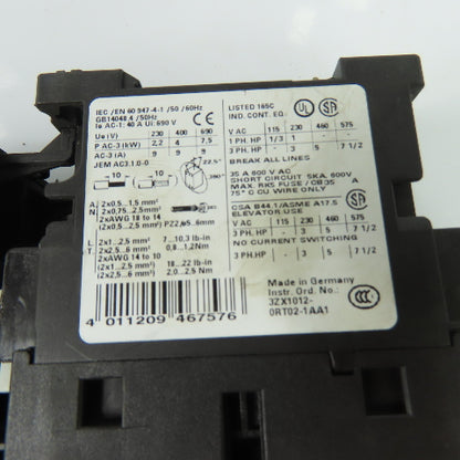 Siemens 3RT1023-1A Sirius 3-Pole Motor Starter Assembly W/ 3RU1126 -1CB0 Relay
