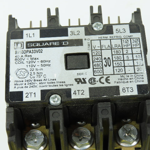 Square D 8910DPA33V02 Definite Purpose Contactor 3-Pole 30A FLA 40A 120VAC Coil