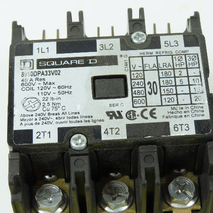 Square D 8910DPA33V02 Definite Purpose Contactor 3-Pole 30A FLA 40A 120VAC Coil