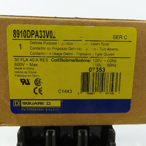 Square D 8910DPA33V02 Definite Purpose Contactor 3-Pole 30A FLA 40A 120VAC Coil