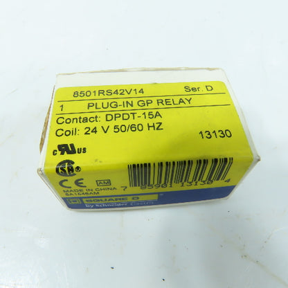Square D 8501RS42V14 Plug-In General Purpose Relay DPDT 15A 24VAC Coil
