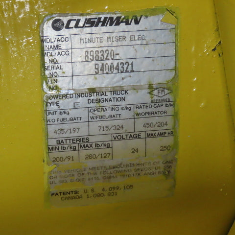 Cushman 898320 Minute Miser 24VDC Electric Burden Carrier Personnel Shop Cart