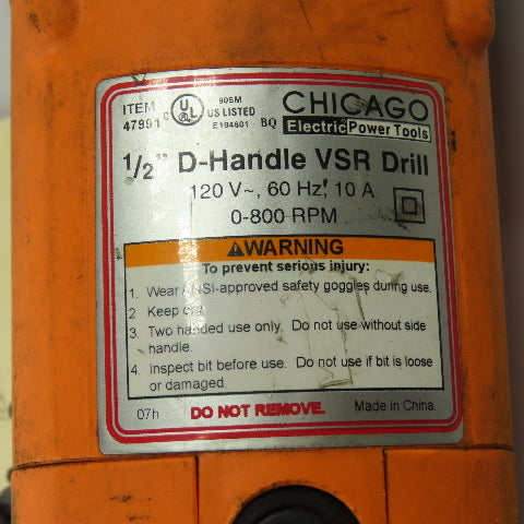 Chicago Electric Power Tools 47991 1/2" VSR Corded Electric Drill 120V 10A 1Ph