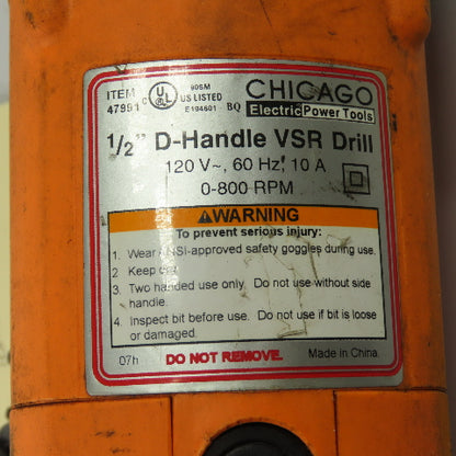 Chicago Electric Power Tools 47991 1/2" VSR Corded Electric Drill 120V 10A 1Ph