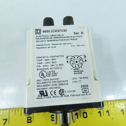 Square D 9050JCK57V20 Timing Relay Repeat Cycle 0.3-30 Min 120V 50/60Hz 110VDC
