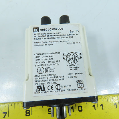 Square D 9050JCK57V20 Timing Relay Repeat Cycle 0.3-30 Min 120V 50/60Hz 110VDC