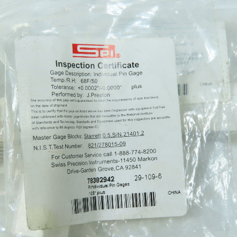 SPI 29-109-6 Class ZZ Individual Pin Gage .109"+ Lot Of 6
