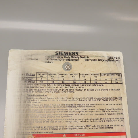 Siemens HF362 30A 3-Pole Fusible Heavy Duty Safety Disconnect Switch 600VAC