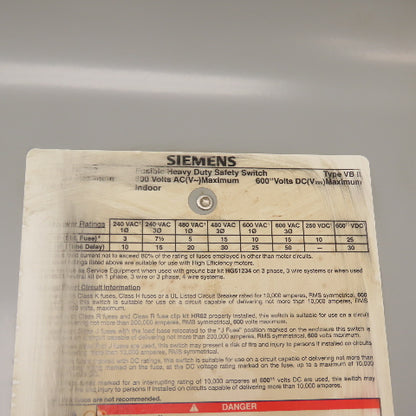 Siemens HF362 30A 3-Pole Fusible Heavy Duty Safety Disconnect Switch 600VAC