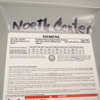 Siemens HF361 30A 3P Fusible Heavy Duty Safety Disconnect Switch 600VAC 250VDC