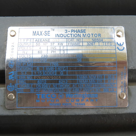 TECO-Westinghouse N0504 50HP AC Electric Motor 230/460V 3Ph 326T Frame 1765RPM