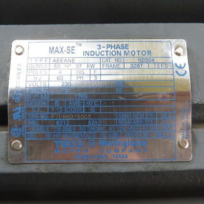 TECO-Westinghouse N0504 50HP AC Electric Motor 230/460V 3Ph 326T Frame 1765RPM