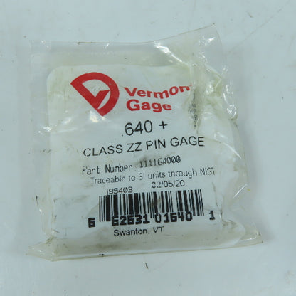 Vermont Gage 111164000 Class ZZ Individual Pin Gage .640"+
