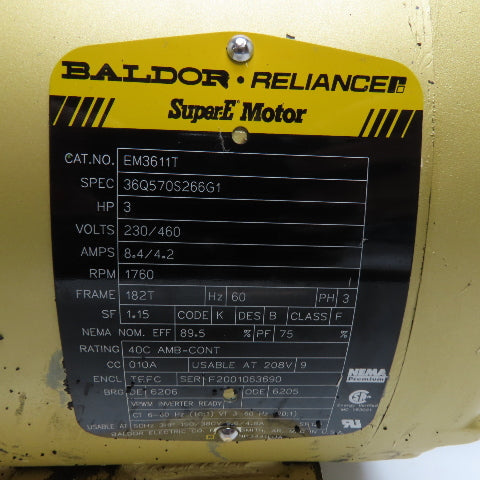 Baldor-Reliance EM3611T 3HP AC Electric Motor 230/460V 3Ph 182T 1760RPM Tested