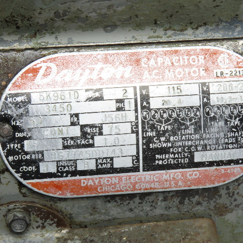 Dayton 5K961D 2HP AC Electric Motor 115/208-230V 1Ph 3450RPM J56H Frame