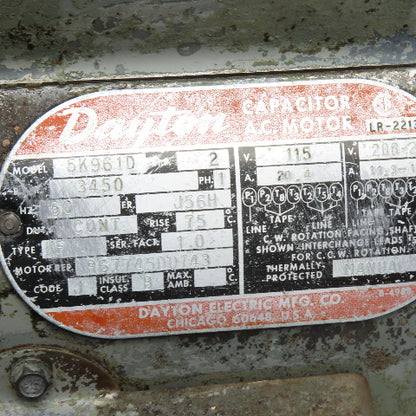 Dayton 5K961D 2HP AC Electric Motor 115/208-230V 1Ph 3450RPM J56H Frame