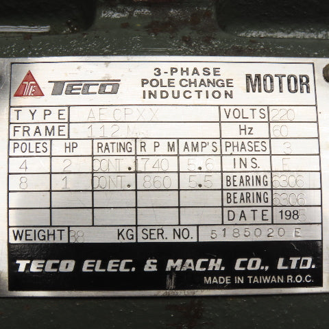 Teco AE CPXX 2HP 3Ph Pole Change Induction Motor 220V 1740/860RPM 112M Tested