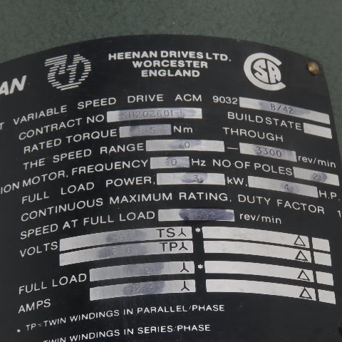Heenan Drives ACM 9032 3kW 4HP Eddy Current VSD Drive Motor 230/460V 3Ph 3400RPM