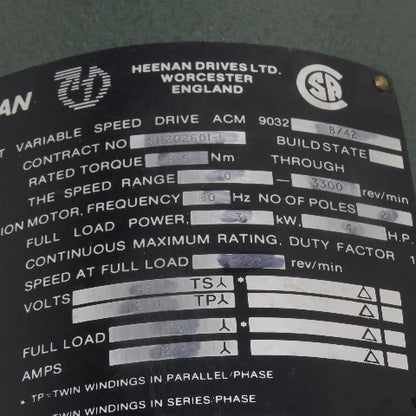 Heenan Drives ACM 9032 3kW 4HP Eddy Current VSD Drive Motor 230/460V 3Ph 3400RPM