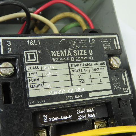 Square D 8536 SBG1 NEMA Size 0 1Ph Manual Motor Starter 230VAC 2HP W/9991SCG8