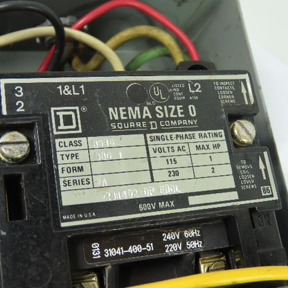 Square D 8536 SBG1 NEMA Size 0 1Ph Manual Motor Starter 230VAC 2HP W/9991SCG8