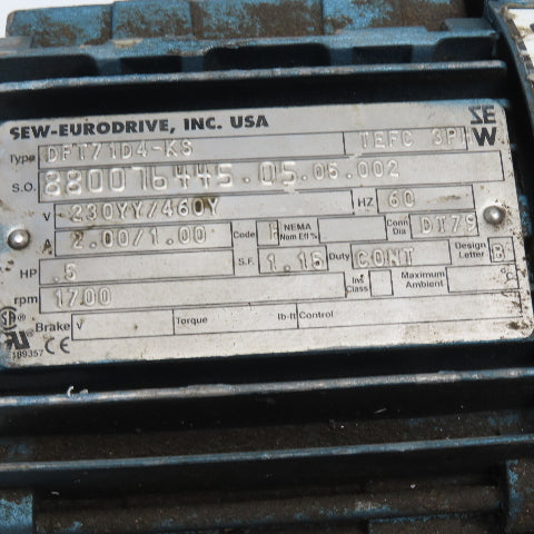 SEW-Eurodrive DFT71D4-KS 0.5HP Electric Motor 230YY/460Y 3Ph 1700RPM TEFC