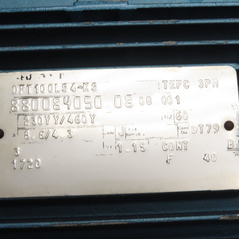 SEW-Eurodrive DFT100LS4-KS 3HP Electric Motor 230YY/460Y 3Ph 1720RPM TEFC