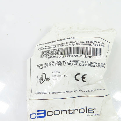 C3 Controls 30MV20-277DLW-PLLRD White LED Red Lens Indicator Light 20-277V AC/DC