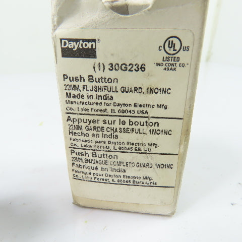 Dayton 30G236 22mm Flush/Full Guard Push Button 1NO/1NC NEW