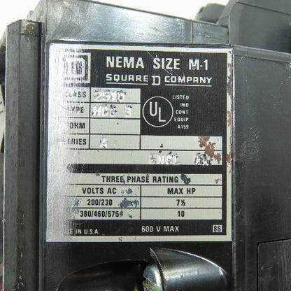 Square D 2510 MCG 3 Manual Motor Starter NEMA Size M-1 3Ph 600VAC Max