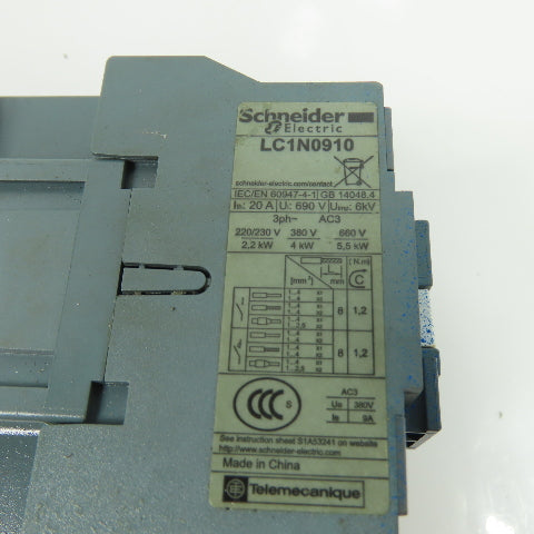 Schneider Electric LC1N0910 Contactor 220V Coil 600V W/ Relay LRN10N 4-6A