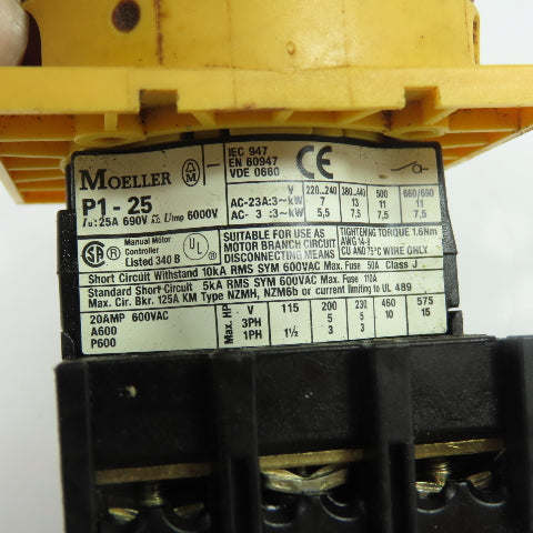 Moeller P1-25 25A 3-Pole Non-Fusible Disconnect Switch 600VAC