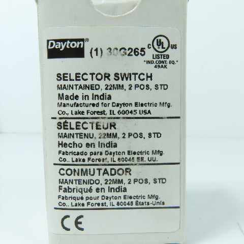 Dayton 30G075 30G265 Maintained 22mm 2-Position Selector Switch 600V