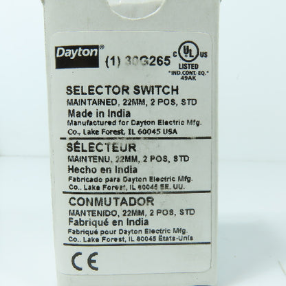 Dayton 30G075 30G265 Maintained 22mm 2-Position Selector Switch 600V
