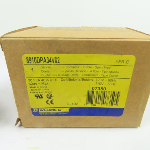 Square D 8910DPA34V02 Definite Purpose Contactor 4 Pole 30FLA 40A RES 120V Coil