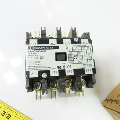 Square D 8910DPA34V02 Definite Purpose Contactor 4 Pole 30FLA 40A RES 120V Coil