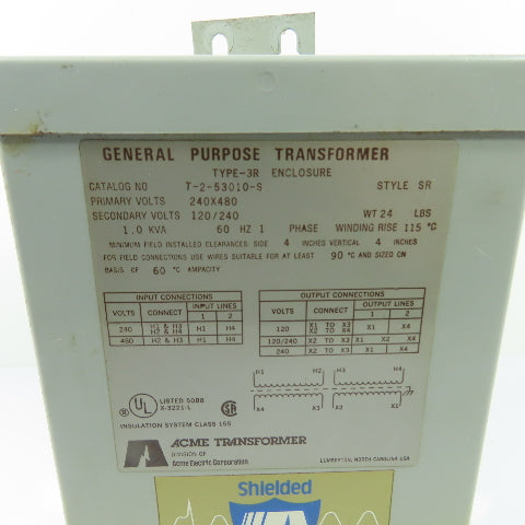 Acme T-2-53010-S Shielded Transformer 1.0 KVA 240/480V Pri 120/240V Sec 1Ph