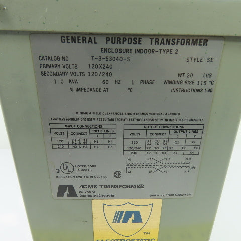 Acme T-3-53040-S Transformer Shielded 1.0 KVA 1Ph 120X240V Pri 120/240V Sec