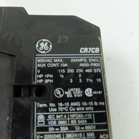 GE General Electric CR7CB IEC Contactor 600Vac W/ CR7G1WN Overload Relay 10-13A