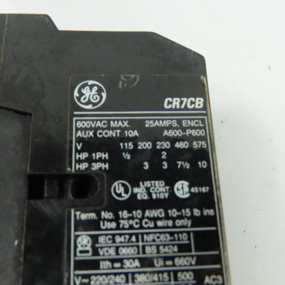 GE General Electric CR7CB IEC Contactor 600Vac W/ CR7G1WN Overload Relay 10-13A