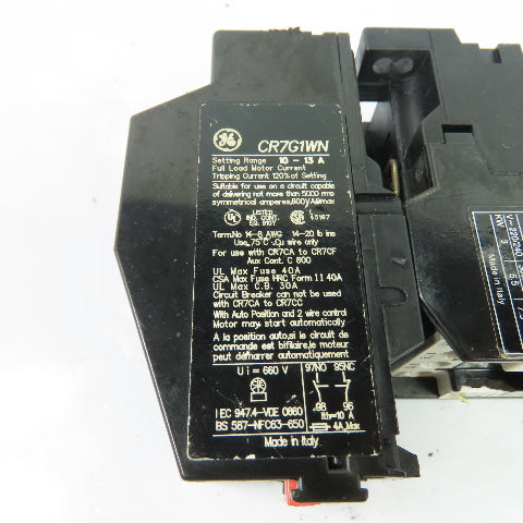 GE General Electric CR7CB IEC Contactor 600Vac W/ CR7G1WN Overload Relay 10-13A