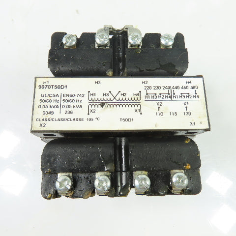 Square D 9070T50D1 Industrial Control Transformer 50VA 240/480V Pri 120V Sec 1Ph