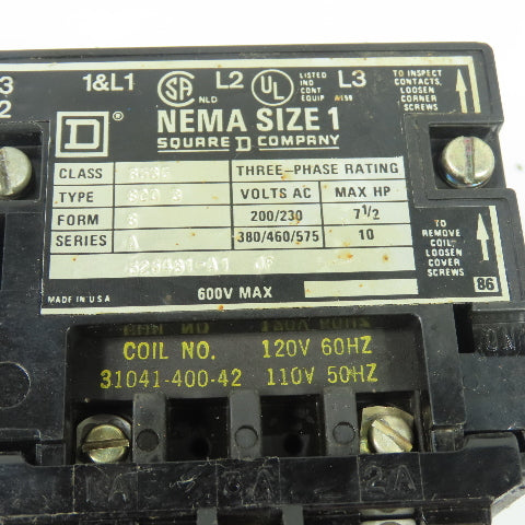 Square D 8536 NEMA Size 1 3Ph Magnetic Motor Starter 600V Max 3-Pole