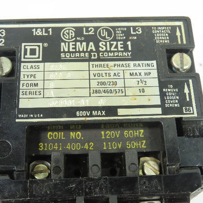 Square D 8536 NEMA Size 1 3Ph Magnetic Motor Starter 600V Max 3-Pole