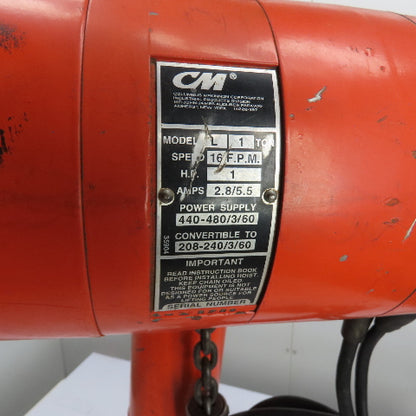 CM Lodestar Model L 1Ton 2000LB Electric Chain Hoist 10' Lift 16FPM 230/460 3Ph