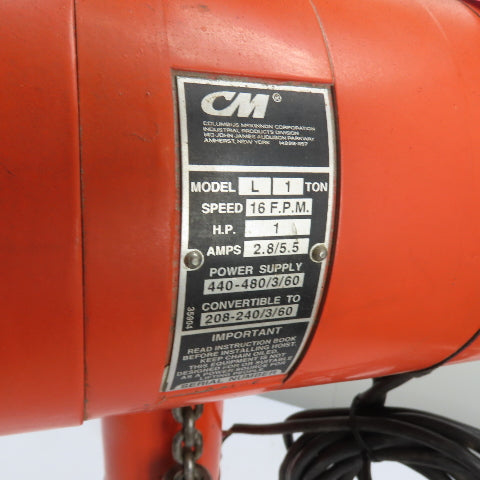 CM Lodestar Model L 1Ton 2000LB Electric Chain Hoist 12' Lift 16FPM 230/460 3Ph