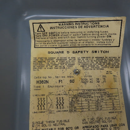 Square D H362N 60A 3-Pole Single Throw Fusible Safety Disconnect Switch 600VAC