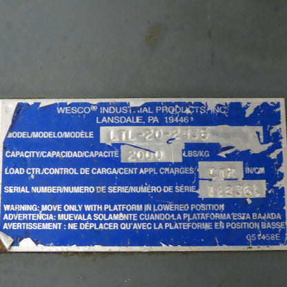 Wesco LTL-20-2436 1 Ton 36" x 24" Foot Powered Lift Table Die Cart 30"-48" Lift