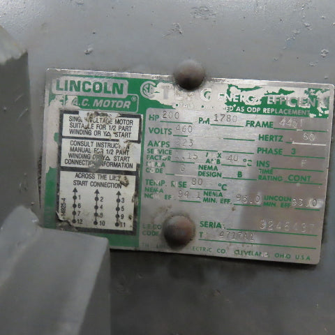 Lincoln 200Hp 1780RPM 460V 3Ph ODP AC Motor 3-3/8" Shaft Tested