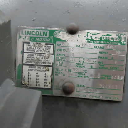 Lincoln 200Hp 1780RPM 460V 3Ph ODP AC Motor 3-3/8" Shaft Tested